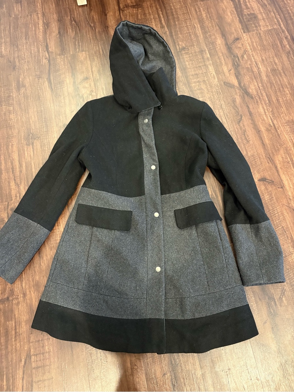 Women’s Two-Tone Hooded Wool Blend Pea Coat - Black & Gray